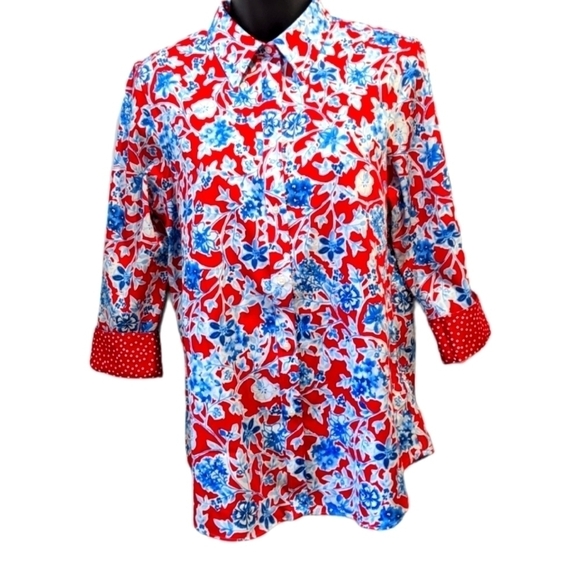 Chaps red floral button front shirt Medium - Picture 1 of 7